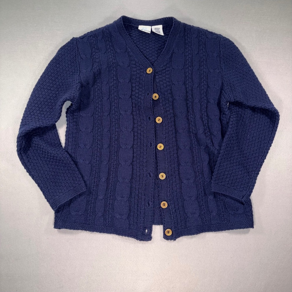 Vintage Bobbie Brooks Navy Blue Cable Knit Cardigan Gold Swirl Button Sweater L
